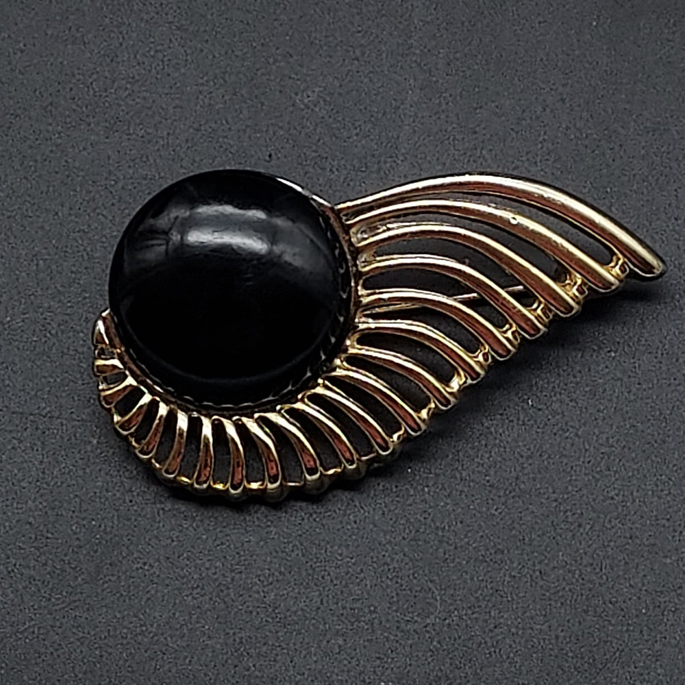 Art Deco Brooch Gold Tone Black Cabochon Vintage Costume Jewelry Abstract